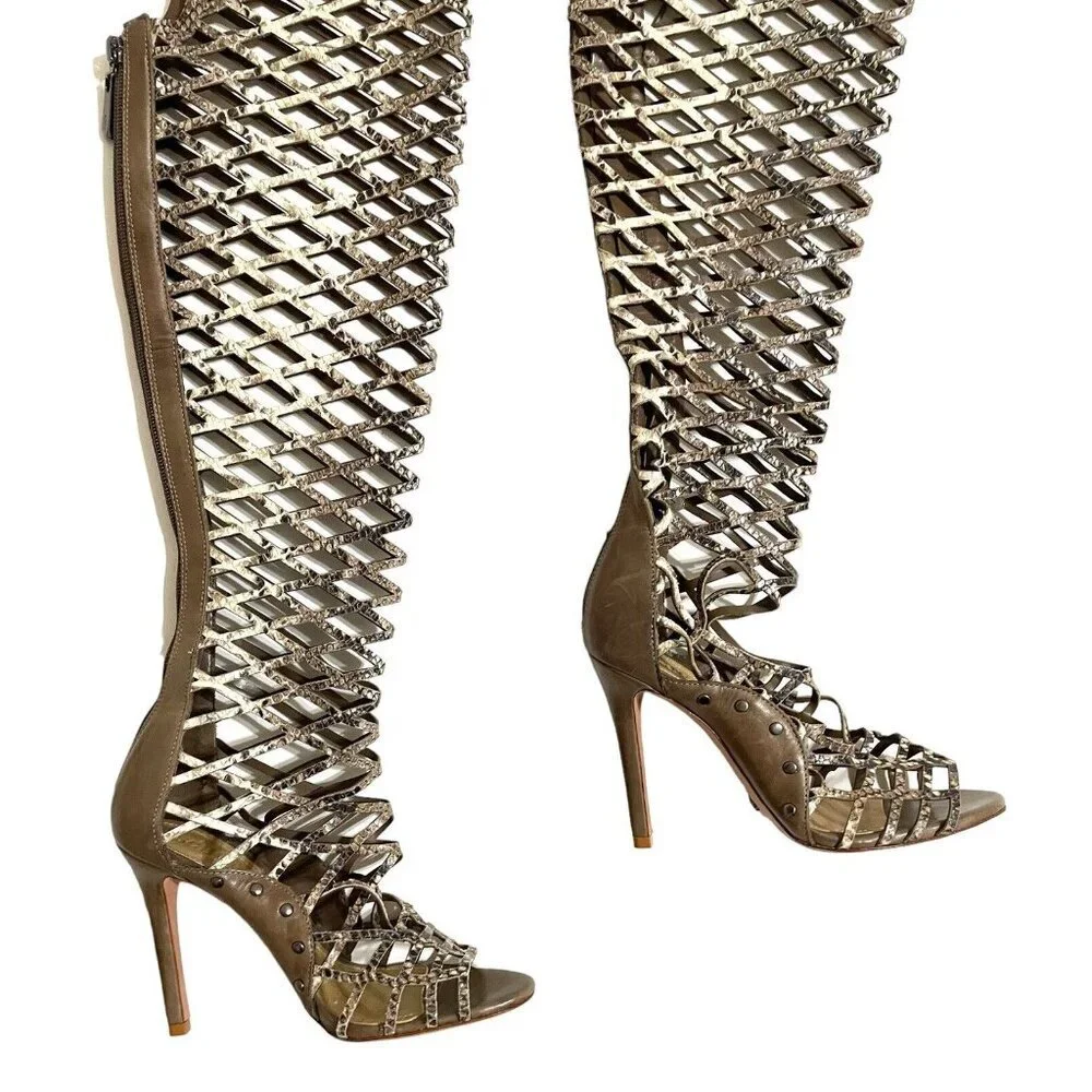 Schutz Karlyana Caged Over The Knee Laser Cut Peep Toe Boots Snake Print